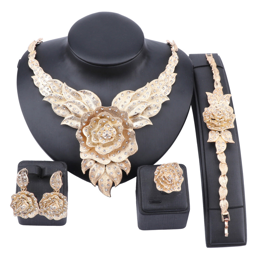 Party Bridal Fine Crystal Rose Flower Necklace Jewelry Sets