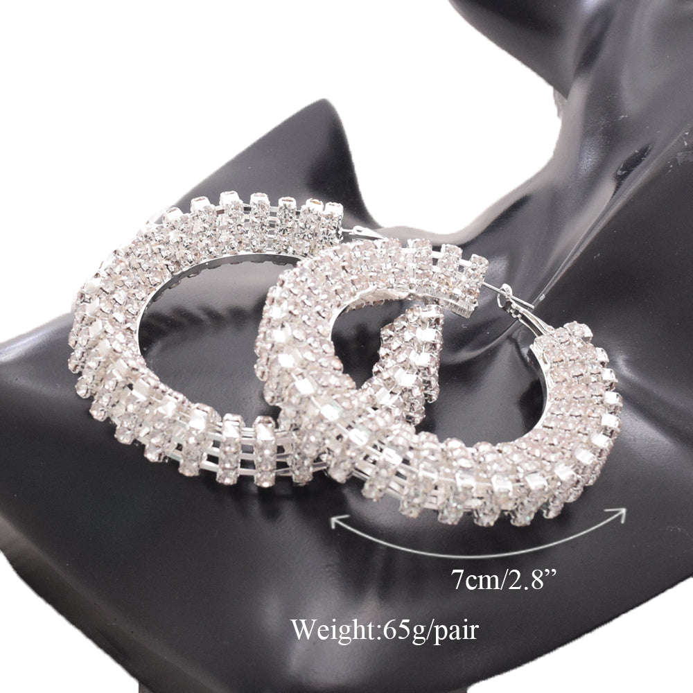 Stereoscopic 7cm Full Rhinestone Three-dimensional Big Hoop Earrings Women