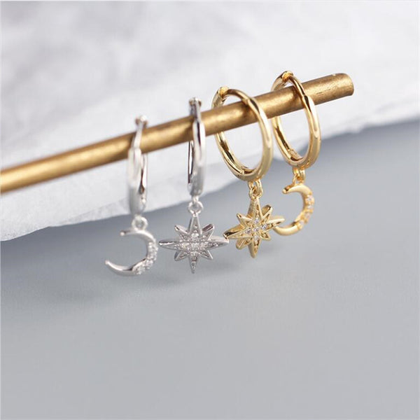 Prevent Allergy 925 Sterling Silver Asymmetrical Star Moon Earrings