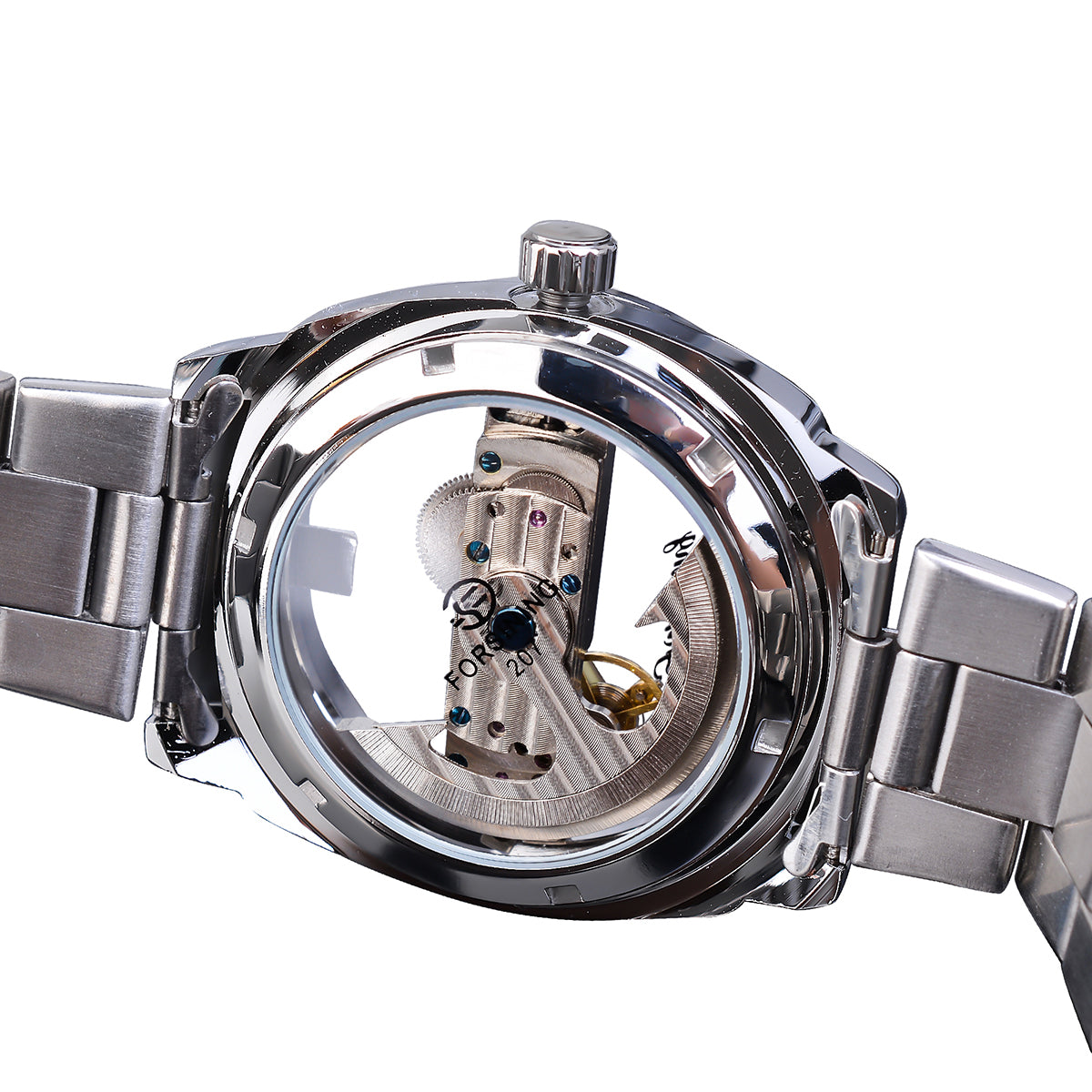 Mechanical Watch Automatic Silver Square Golden Gear Skeleton Watch