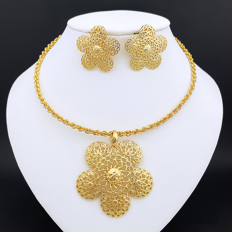 Necklace With Earrings For Women Square Large Pendant Brazilian Gold Jewelry Set