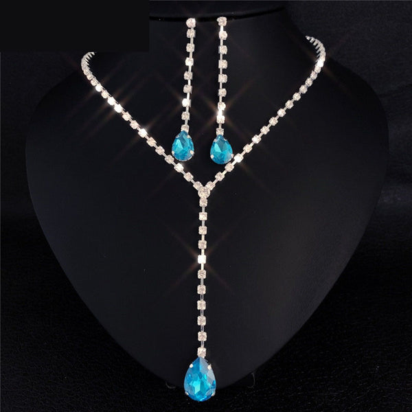 Water Drop Rhinestone Long Pendant Full Crystal Silver Jewelry Set