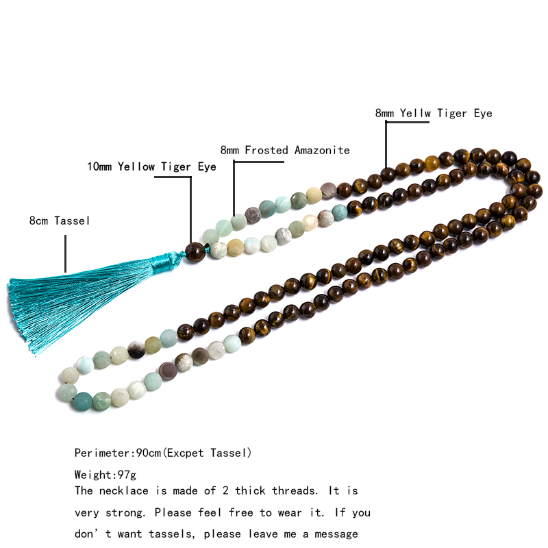 8mm Amazonite Yellow Tiger Eye Beaded 108 Mala Necklace Set