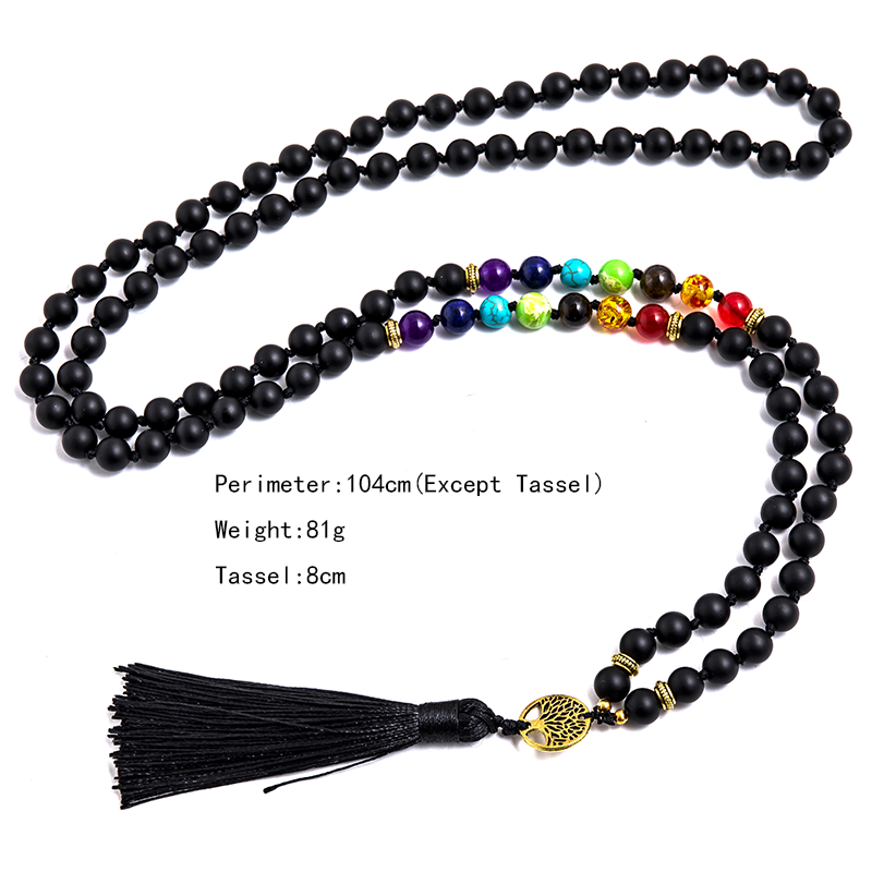 8mm Matte Black Onyx 7 Chakra Beaded Knotted 108 Mala Necklace