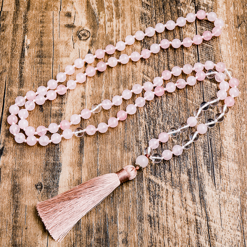 8mm Rose Quartz and Clear Crystal Beads Knotted Mala Necklace