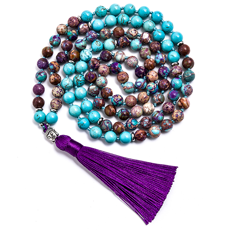 8mm Natural Turquoise Violet Imperal Jaspers Beaded Knotted 108 Japamala Necklace