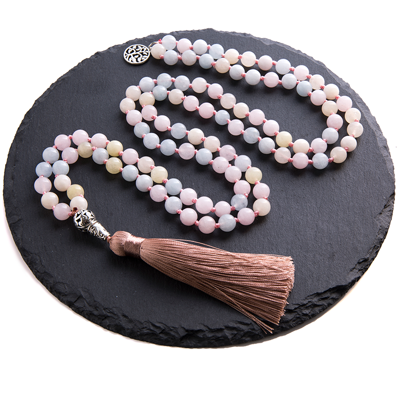 8mm Morganite Beaded Knotted 108 Mala Necklace