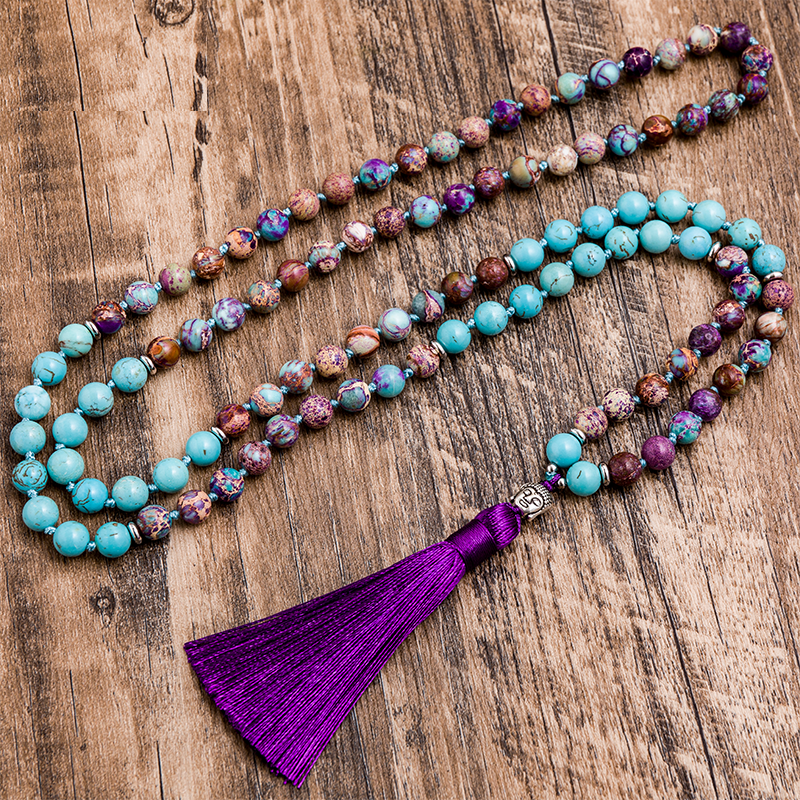 8mm Natural Turquoise Violet Imperal Jaspers Beaded Knotted 108 Japamala Necklace