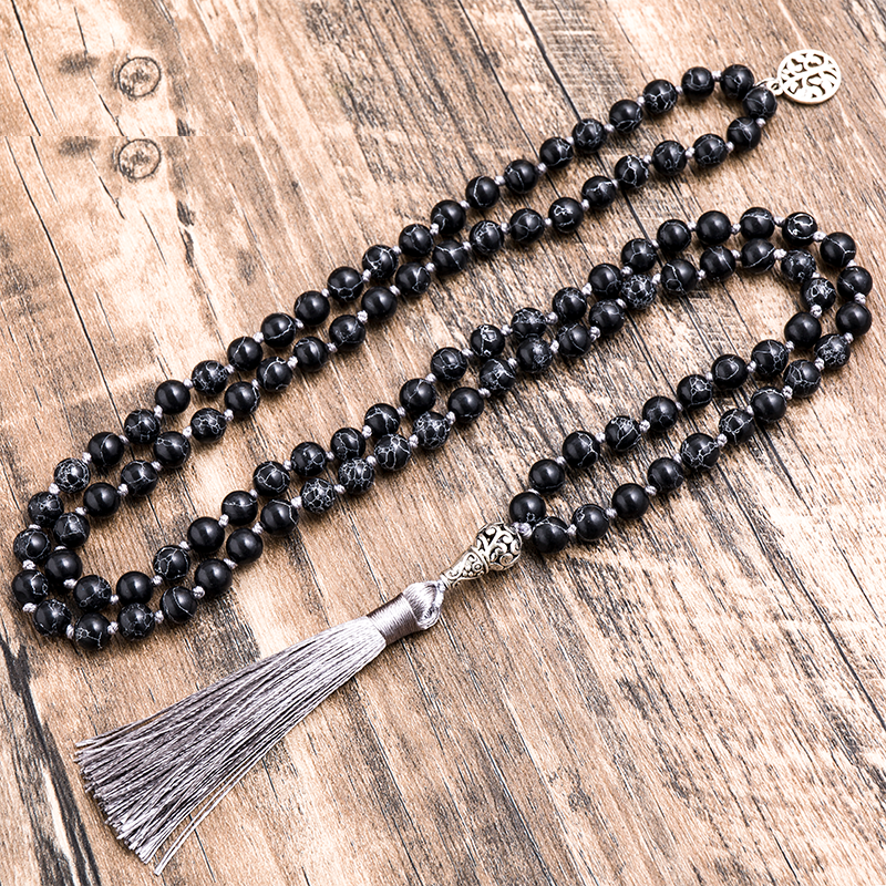 8mm Black Howlite Beaded Necklace 108 Mala