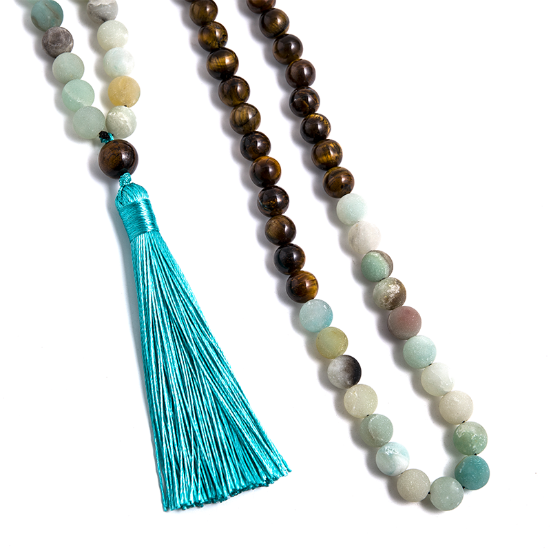 8mm Amazonite Yellow Tiger Eye Beaded 108 Mala Necklace Set