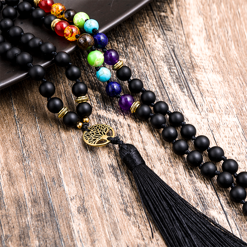 8mm Matte Black Onyx 7 Chakra Beaded Knotted 108 Mala Necklace