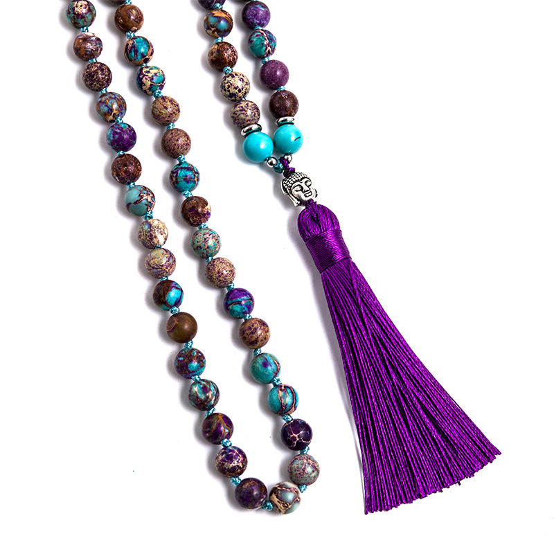 8mm Natural Turquoise Violet Imperal Jaspers Beaded Knotted 108 Japamala Necklace