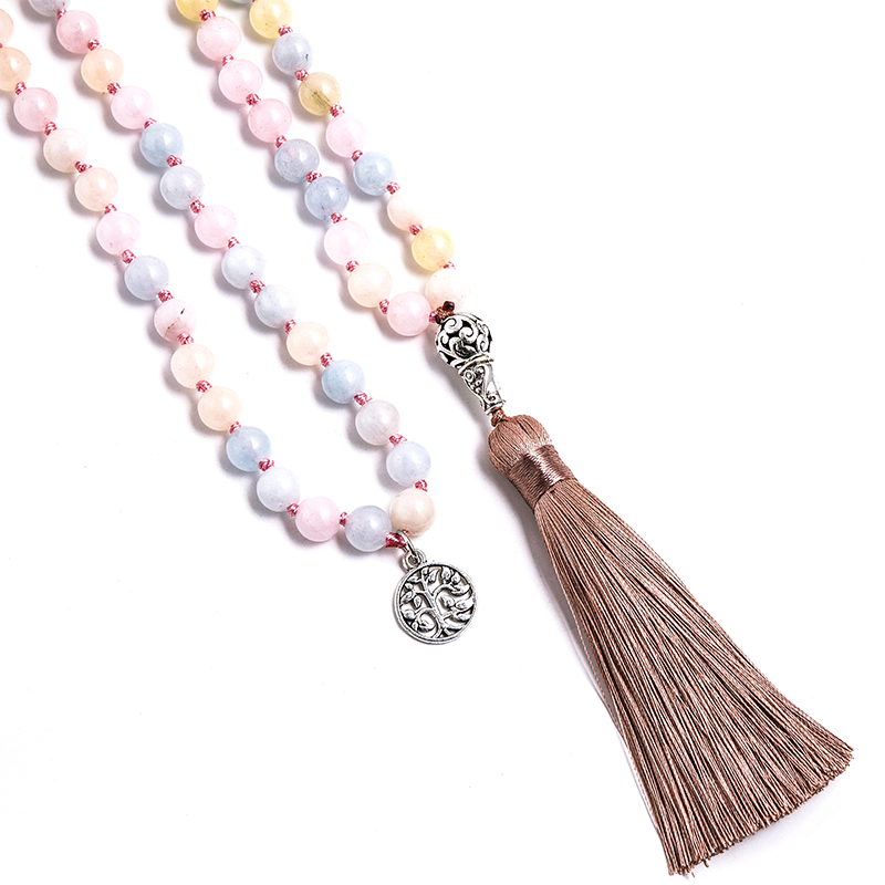 8mm Morganite Beaded Knotted 108 Mala Necklace