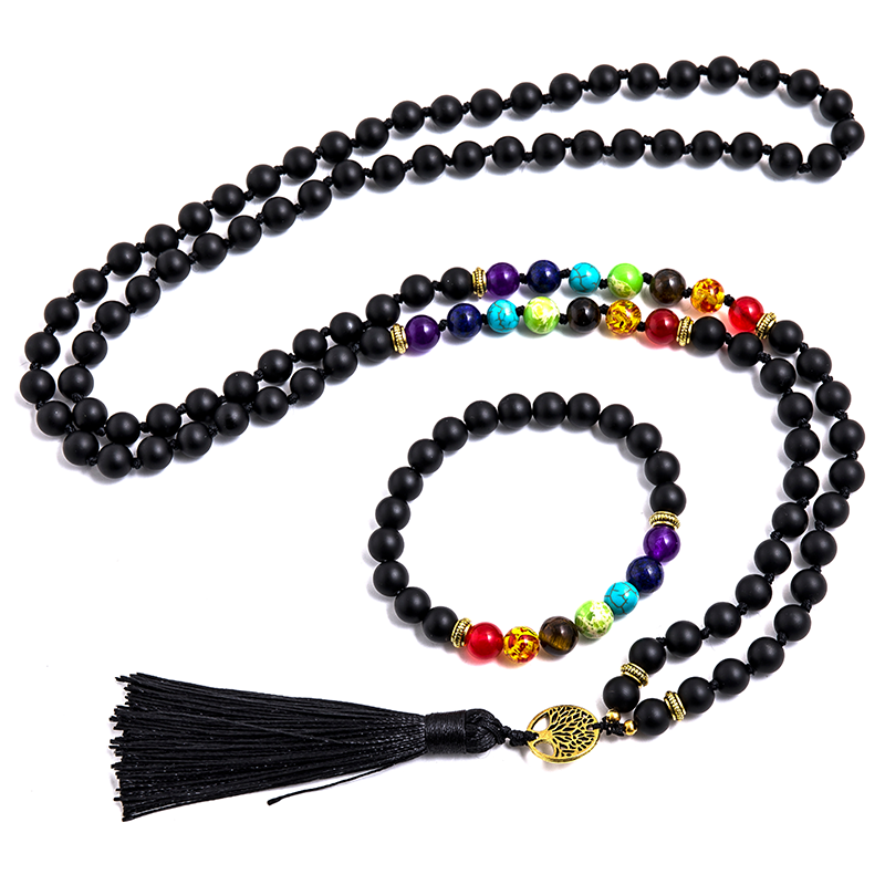 8mm Matte Black Onyx 7 Chakra Beaded Knotted 108 Mala Necklace