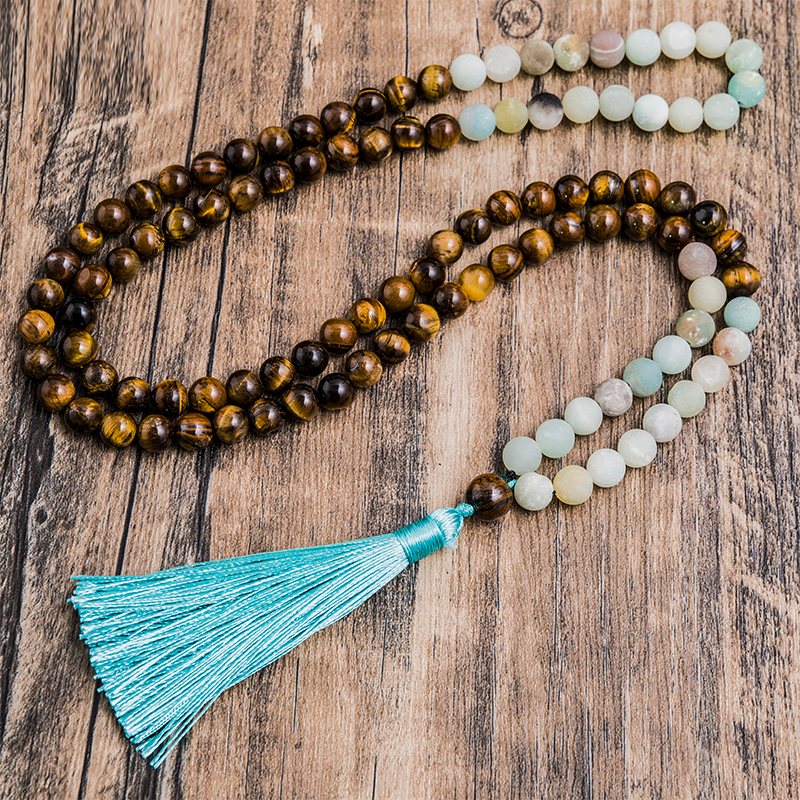 8mm Amazonite Yellow Tiger Eye Beaded 108 Mala Necklace Set