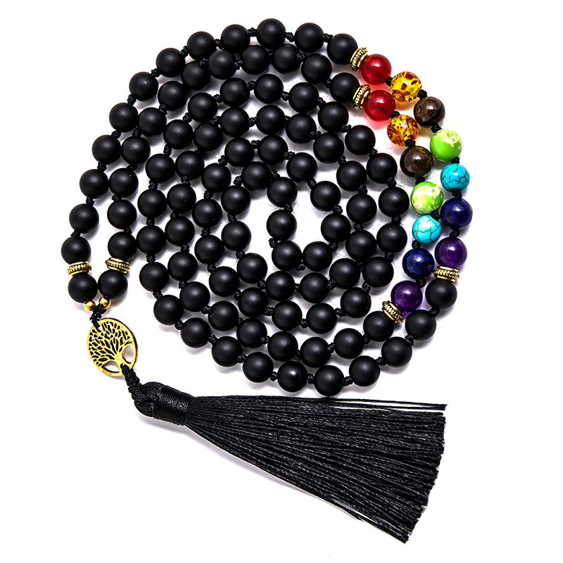 8mm Matte Black Onyx 7 Chakra Beaded Knotted 108 Mala Necklace