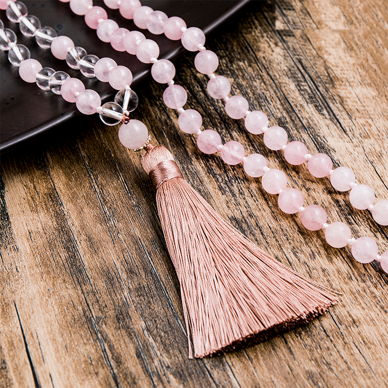 8mm Rose Quartz and Clear Crystal Beads Knotted Mala Necklace