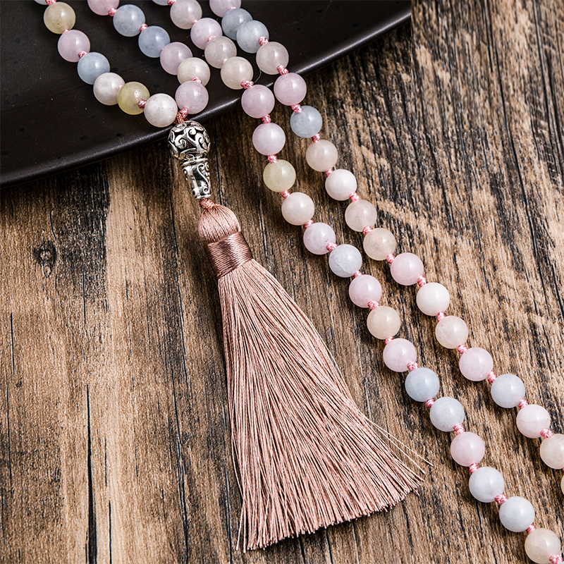 8mm Morganite Beaded Knotted 108 Mala Necklace