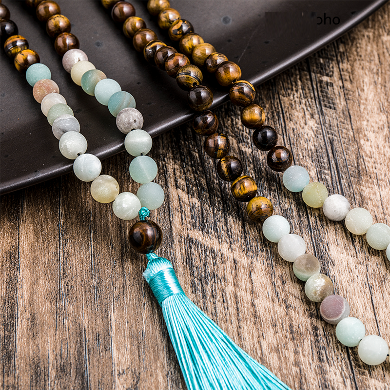 8mm Amazonite Yellow Tiger Eye Beaded 108 Mala Necklace Set