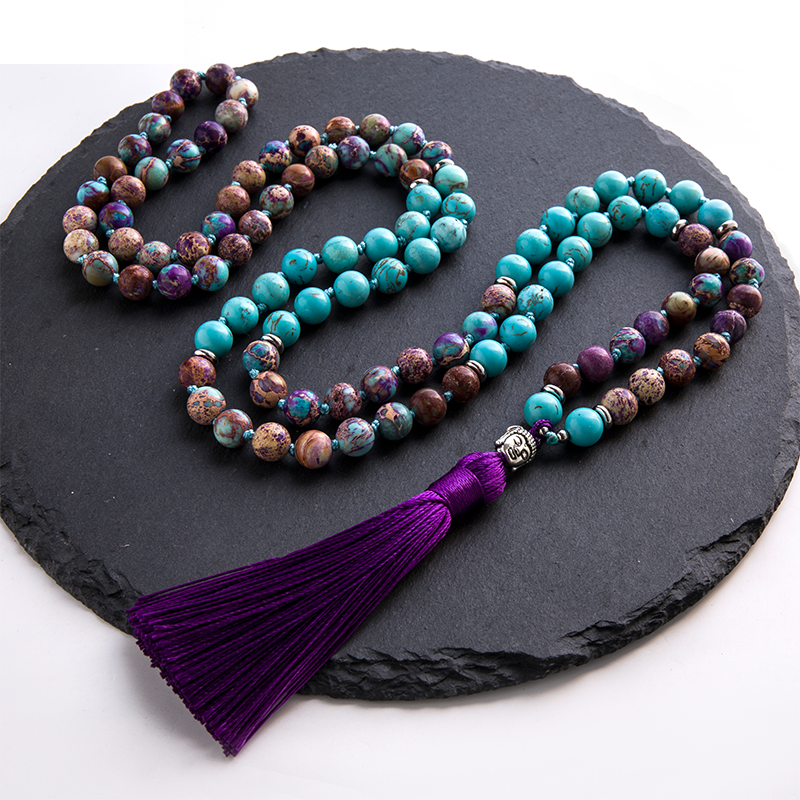 8mm Natural Turquoise Violet Imperal Jaspers Beaded Knotted 108 Japamala Necklace