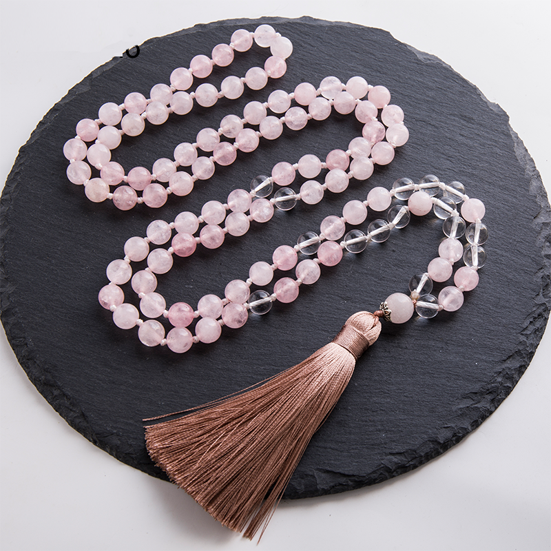 8mm Rose Quartz and Clear Crystal Beads Knotted Mala Necklace