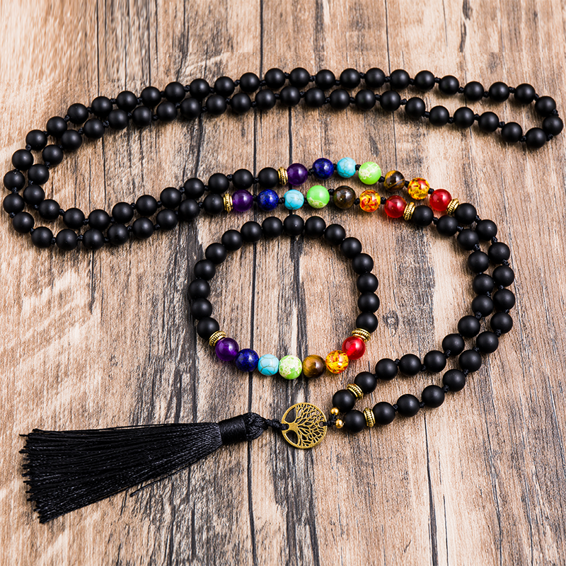 8mm Matte Black Onyx 7 Chakra Beaded Knotted 108 Mala Necklace