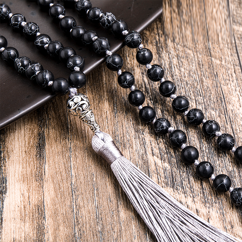 8mm Black Howlite Beaded Necklace 108 Mala