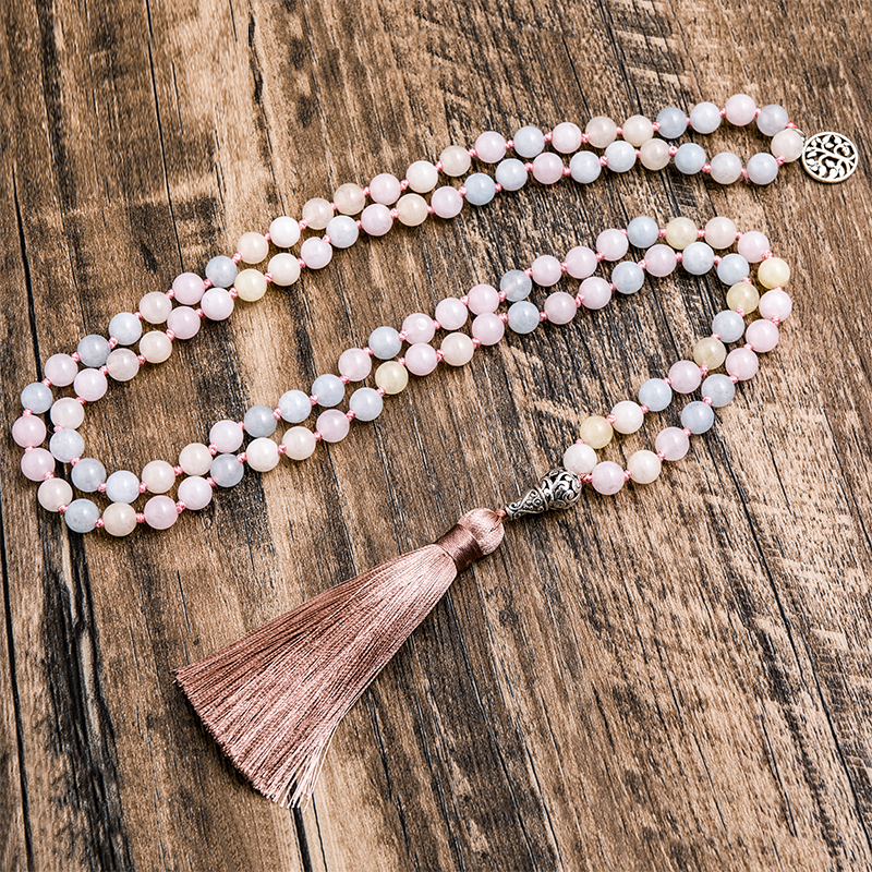 8mm Morganite Beaded Knotted 108 Mala Necklace