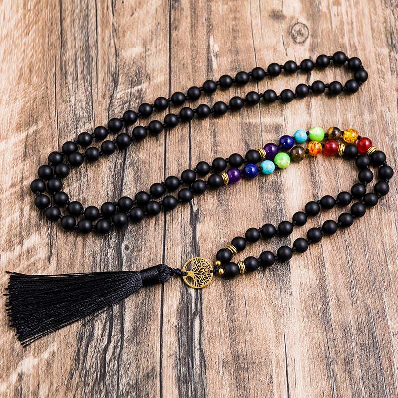 8mm Matte Black Onyx 7 Chakra Beaded Knotted 108 Mala Necklace