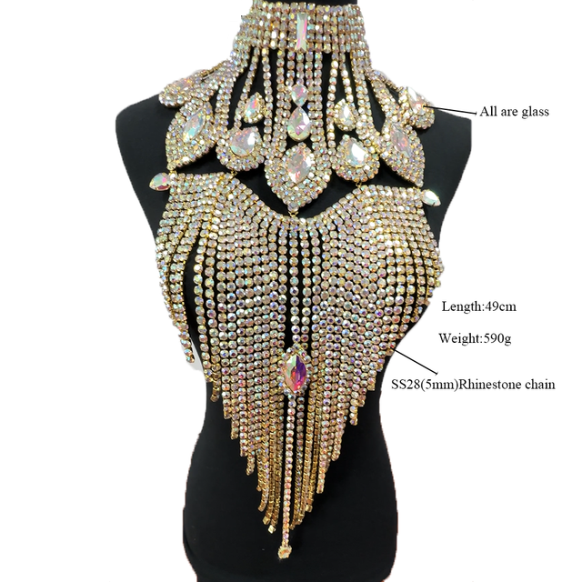 Luxury SS28 Rhinestones Long Tassel Crystal Big Drop Chocker for Women Men