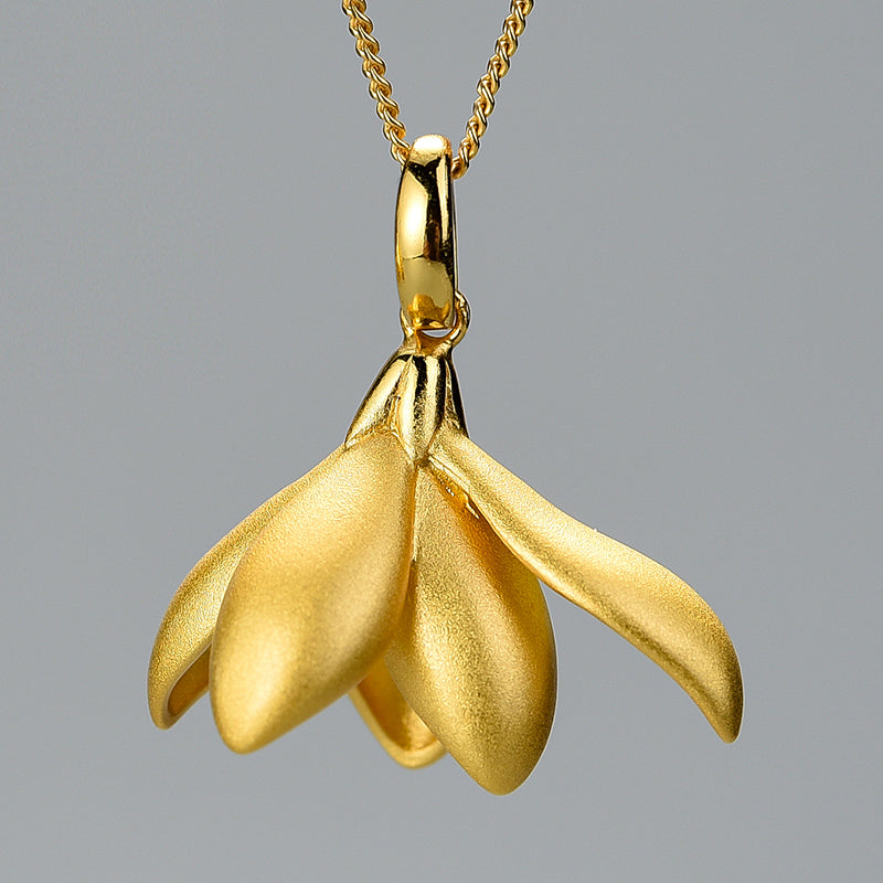 18K Gold Elegant Magnolia Flower Pendant without Necklace Real 925 Sterling Silver