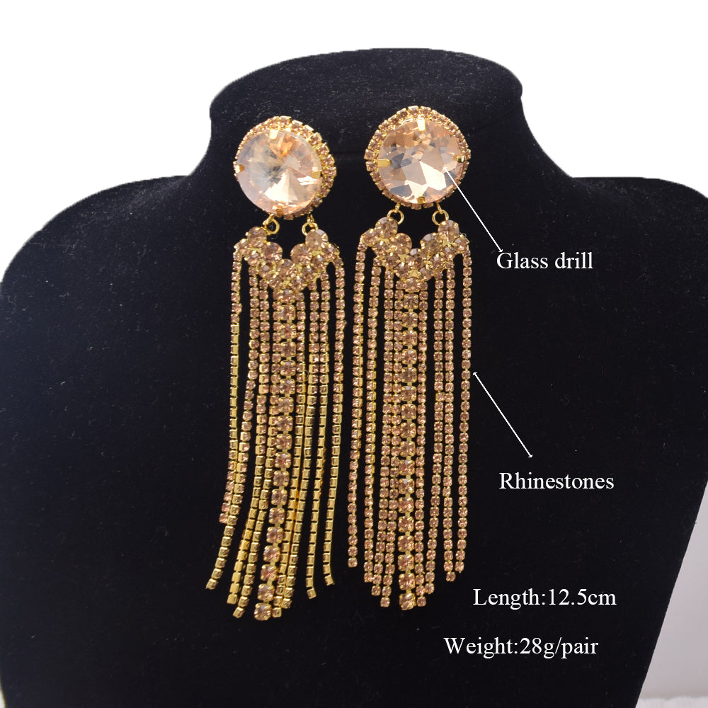 Luxury Tassel Women Earring Champagne Gold Color Long Drop Statement Earrings