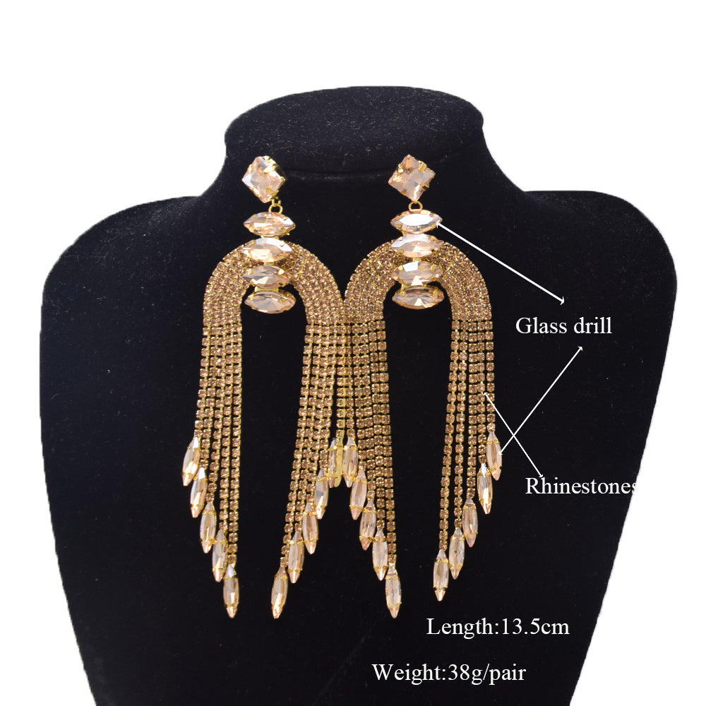 Luxury Tassel Women Earring Champagne Gold Color Long Drop Statement Earrings