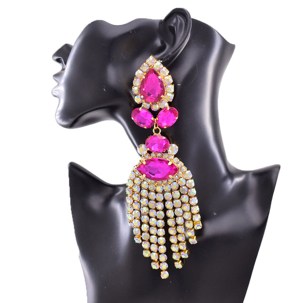 Dazzling17CM Rhinestones SS28 Long Tassel Clip on Earring for Women