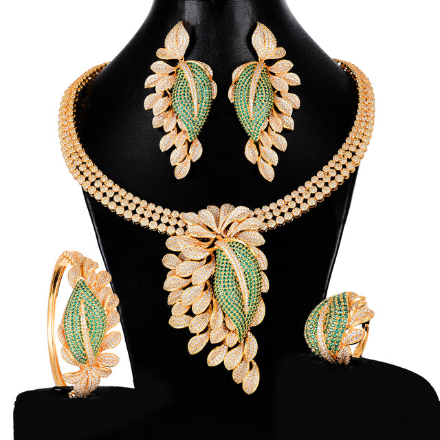 4PCS BIG Flower Leaf Naija Bride Cubic Zirconia Necklace Dubai Bridal Dress Jewelry Set