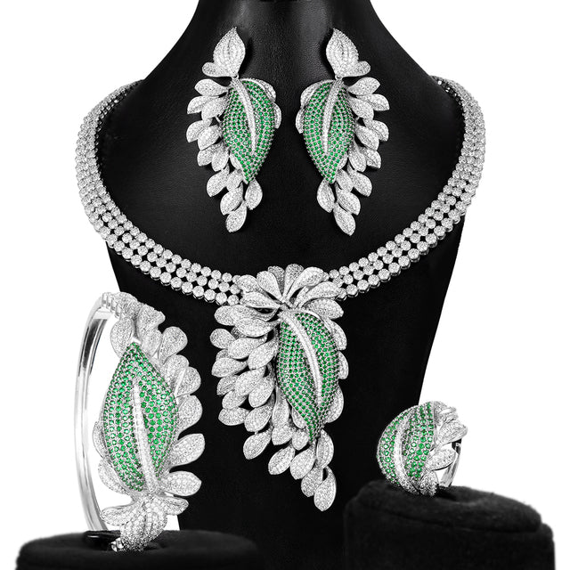 4PCS BIG Flower Leaf Naija Bride Cubic Zirconia Necklace Dubai Bridal Dress Jewelry Set