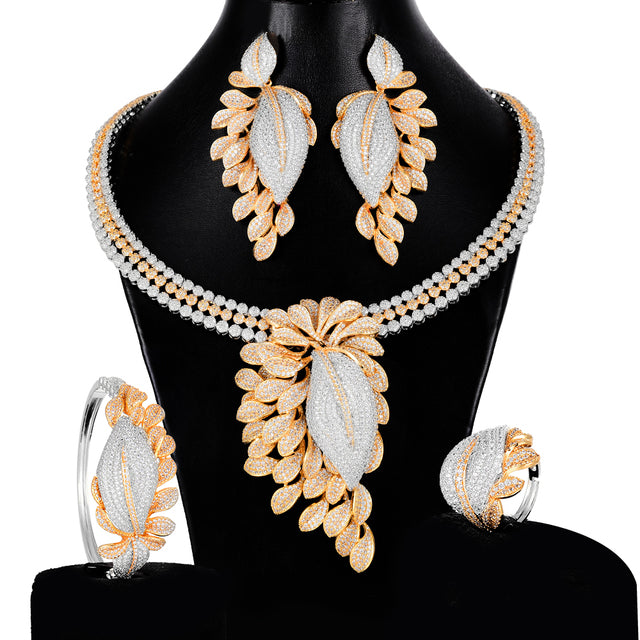 4PCS BIG Flower Leaf Naija Bride Cubic Zirconia Necklace Dubai Bridal Dress Jewelry Set