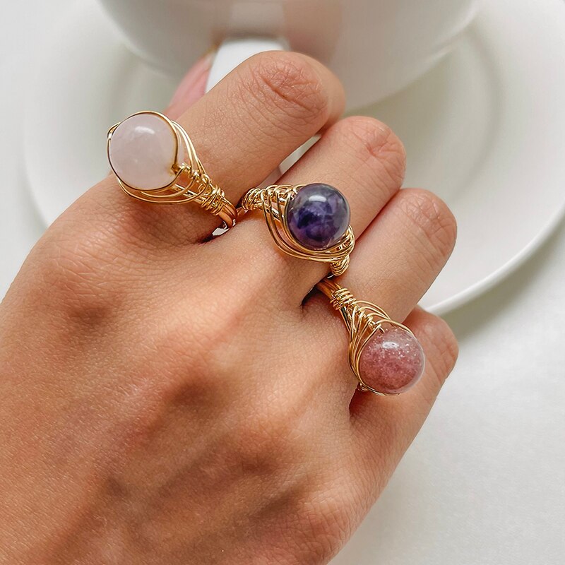 Gold Wire Wrapped Natural Stone Rings for Women