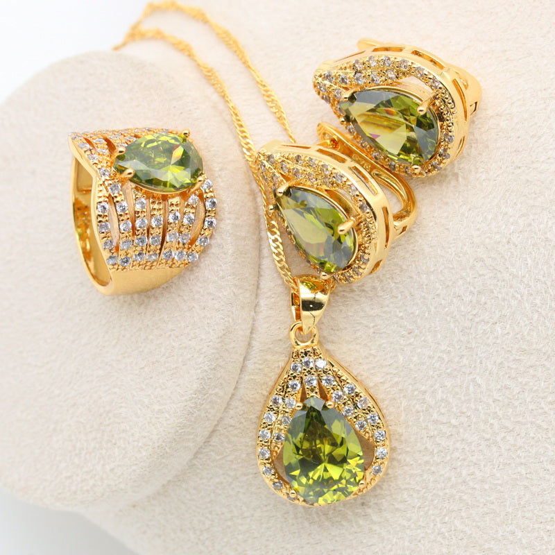 New Olive Green Zircon  Silver Color Jewelry Set