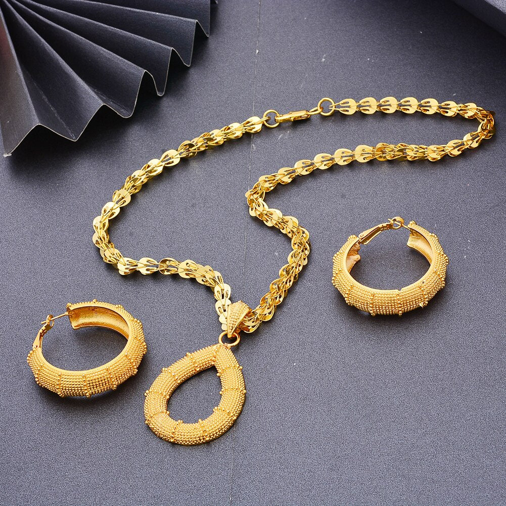 24K Gold Color Dubai Jewelry Set For Women  Wedding Luxur Ethiopian Jewelry set