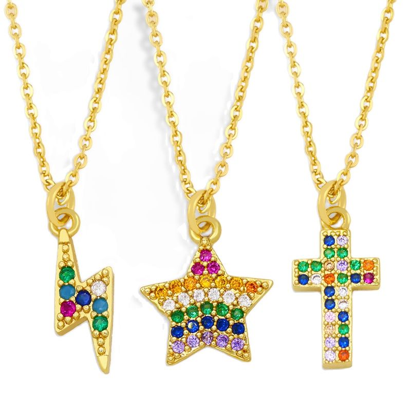 Multicolor Cross Necklace For Women CZ Pave Rhinestone Small Lightning Star Pendant Necklace