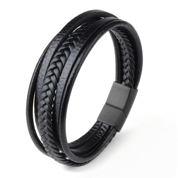 Trendy Genuine Leather Bracelet Men Stainless Steel Magnetic Buckle Multilayer Braided Bracelets