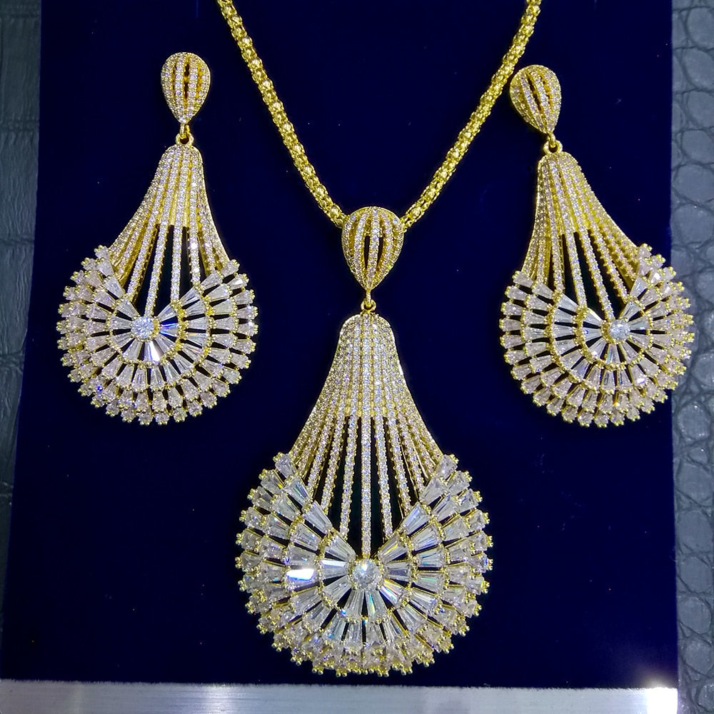 Big Fashion Luxury Dandelion Statement Wedding Party Full Zircon Dubai Bridal jewelry Set