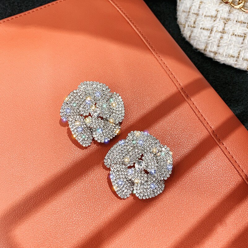 Full Rhinestone Crystal Stud Earrings Oversize Flower Crystal Earrings for Women