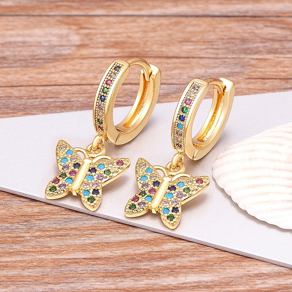 Fashion Luxury Butterfly Shape Zircon Earrings Rainbow Color Hoop Dangle Earings