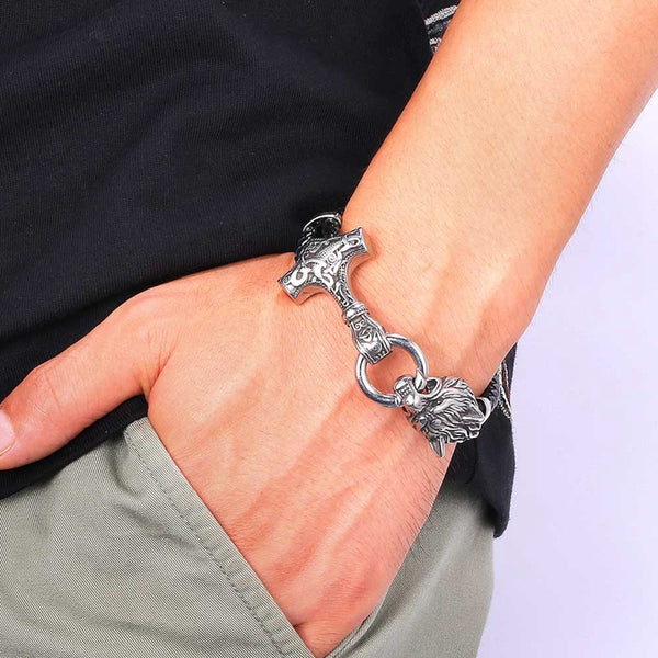 Stainless Steel Wolf Head Norse Viking Amulet Thor Hammer Men Leather Bracelet