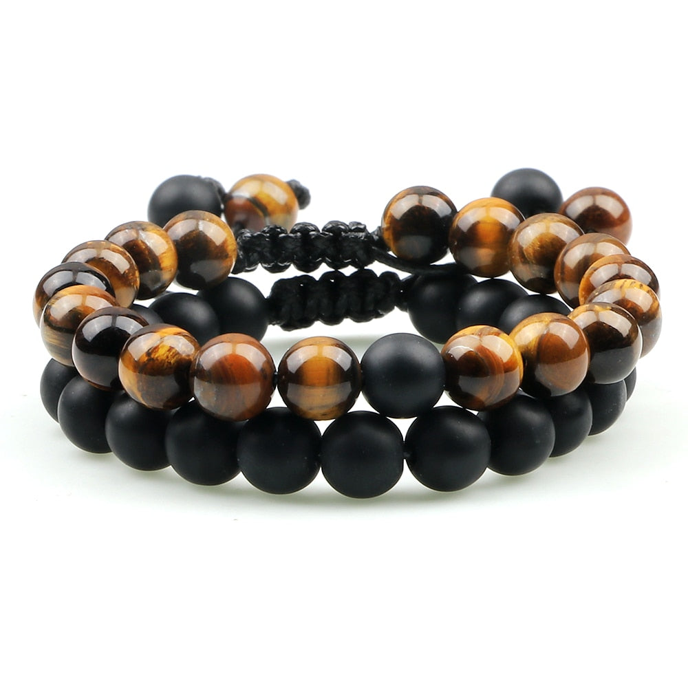 2Pcs Adjustable Braided Natural Stone Beads Bracelets Bangles For Couples Women Men