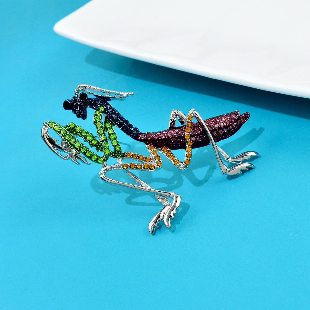 Rhinestone Colorful Praying Mantis Brooch