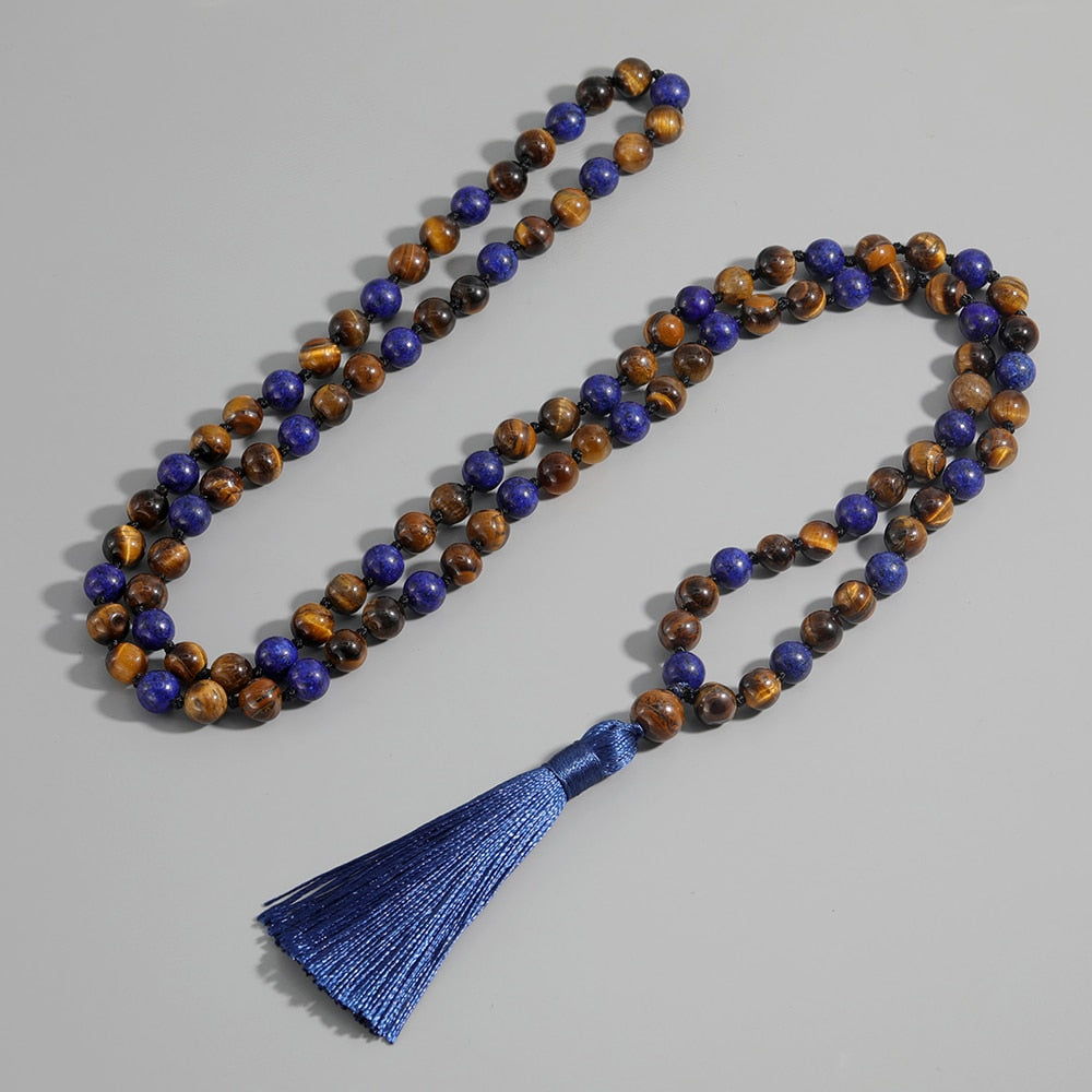 Lapis Lazuli Yellow Tiger Eye 108Mala Beaded Knotted Long Necklace