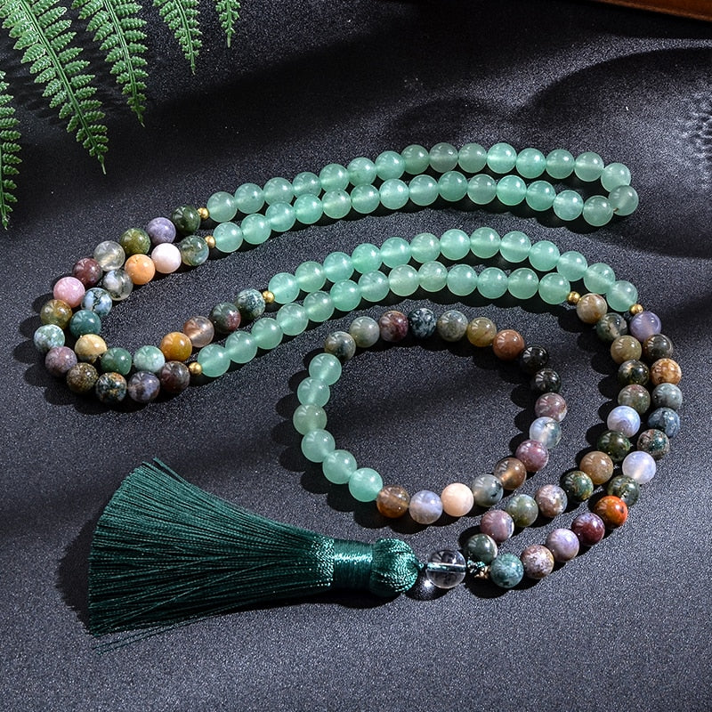 8mm Indian Agate Green Aventurine 108 Beads Japamala Necklace Bracelet Set